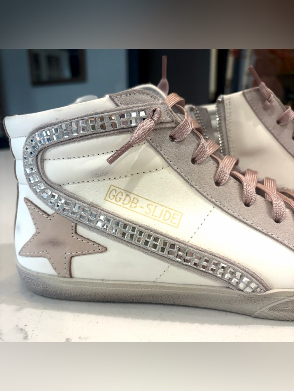 Golden Goose Beige & Pink Slide High-Tops w/ Swarovski crystals IT41